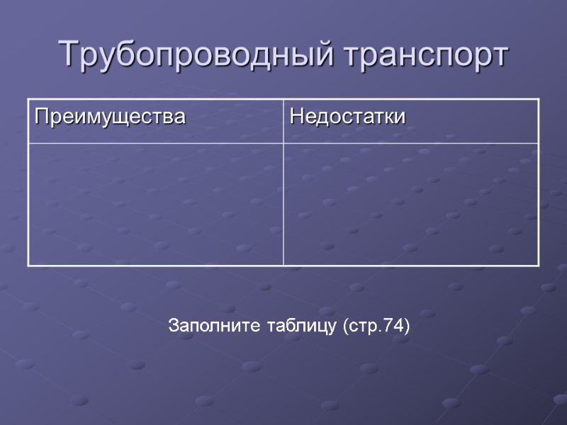 Трубопроводный транспорт Заполните таблицу (стр.74)